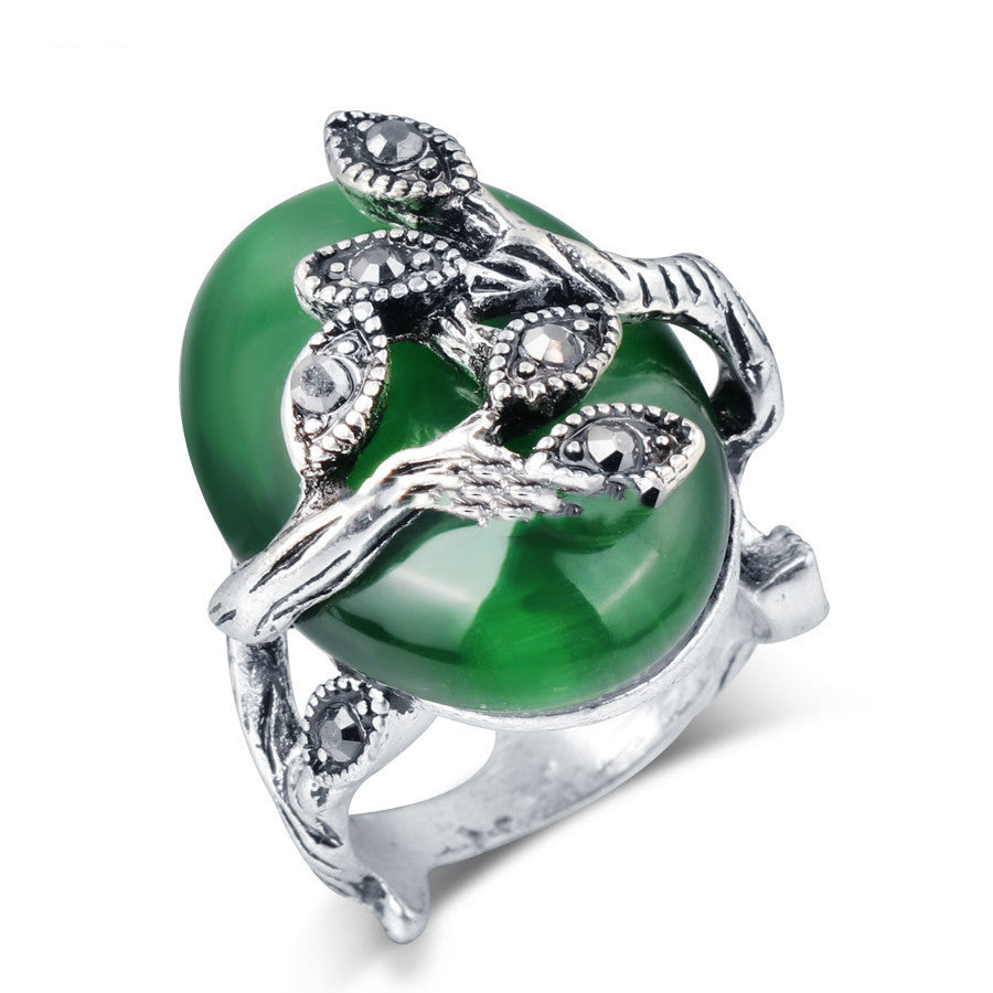 Women's Fashion Antique Silver Green Opal Ring
