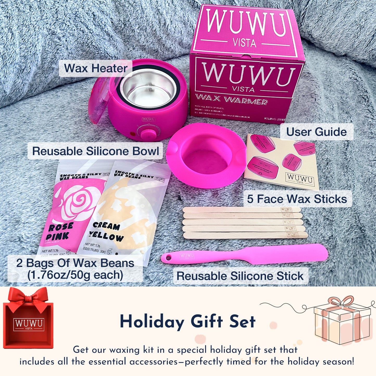 Waxing Kit 11 Items WUWUVISTA Hair Removal Wax Kit With Wax Melt Warmer Waxing Beads For Face,Brazilian,Full Body,Bikini,Sensitiive Skin Suitable For Plugs Of American, European Specification