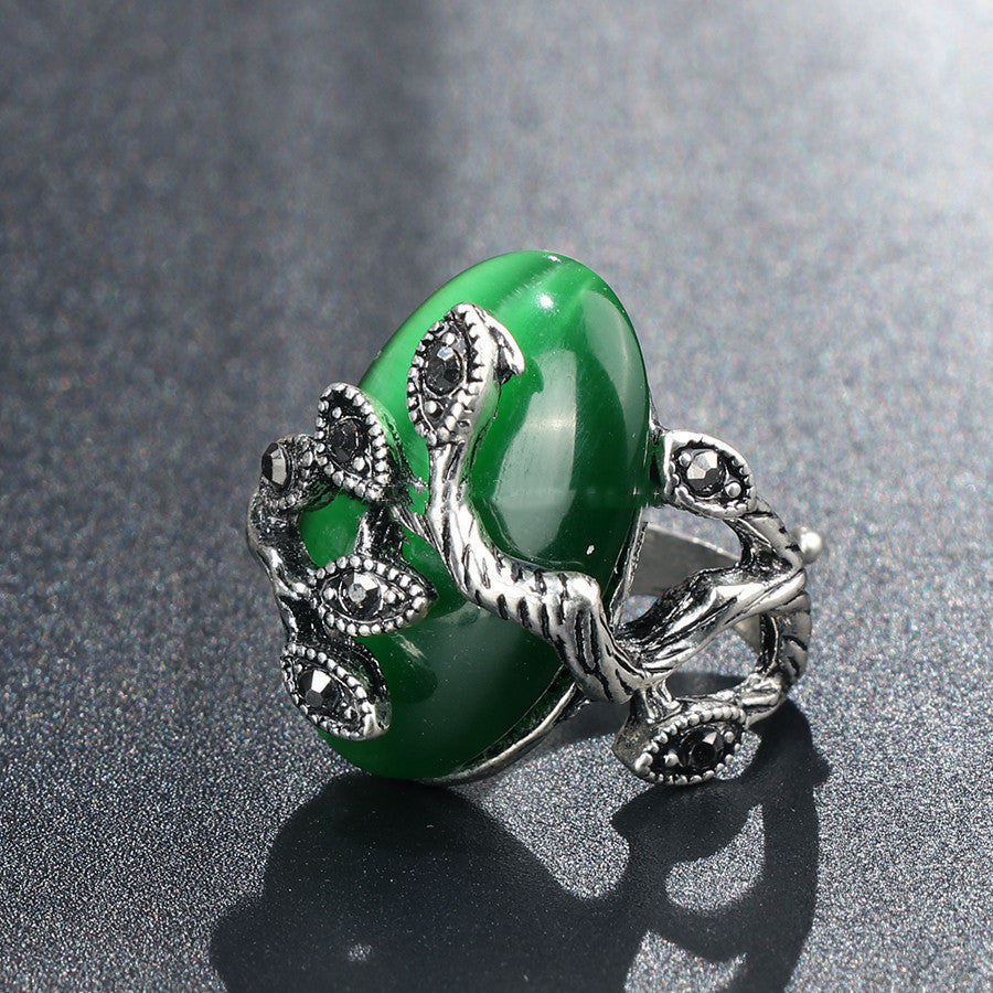 Women's Fashion Antique Silver Green Opal Ring