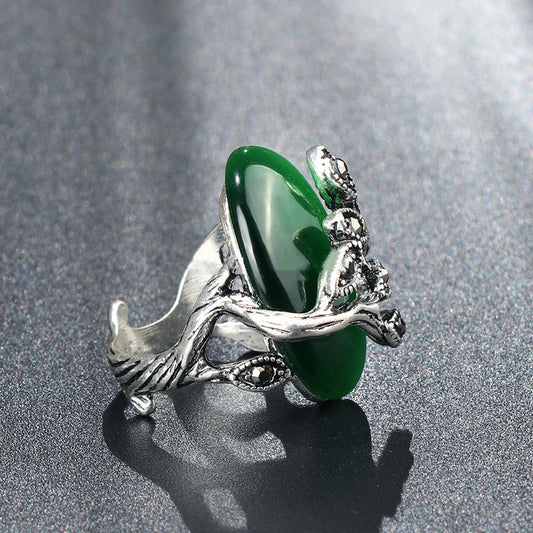 Women's Fashion Antique Silver Green Opal Ring