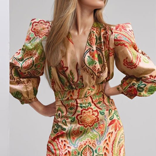 Ethnic Style V-neck Long Sleeve Tight Waist Slimming Sense Of Design A- Line Dress Women