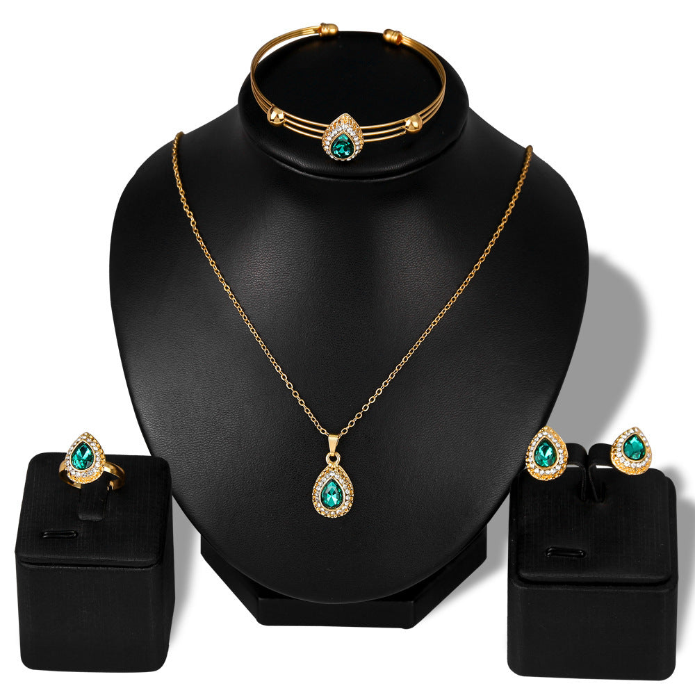 Necklace Set Exquisite Alloy Multi-color Water Drop Necklace Earrings Jewelry Four-piece Set