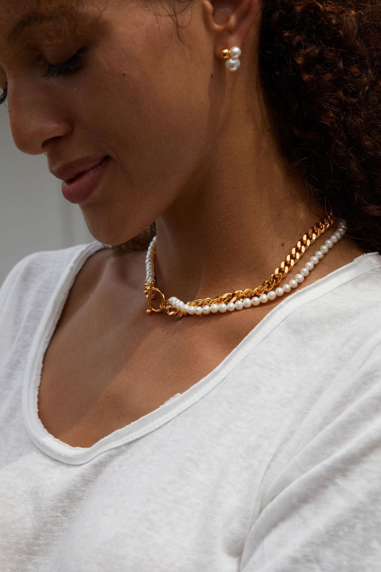 Double Layer Natural Freshwater Pearl Cuban Link Chain K Gold Plating Clavicle Chain