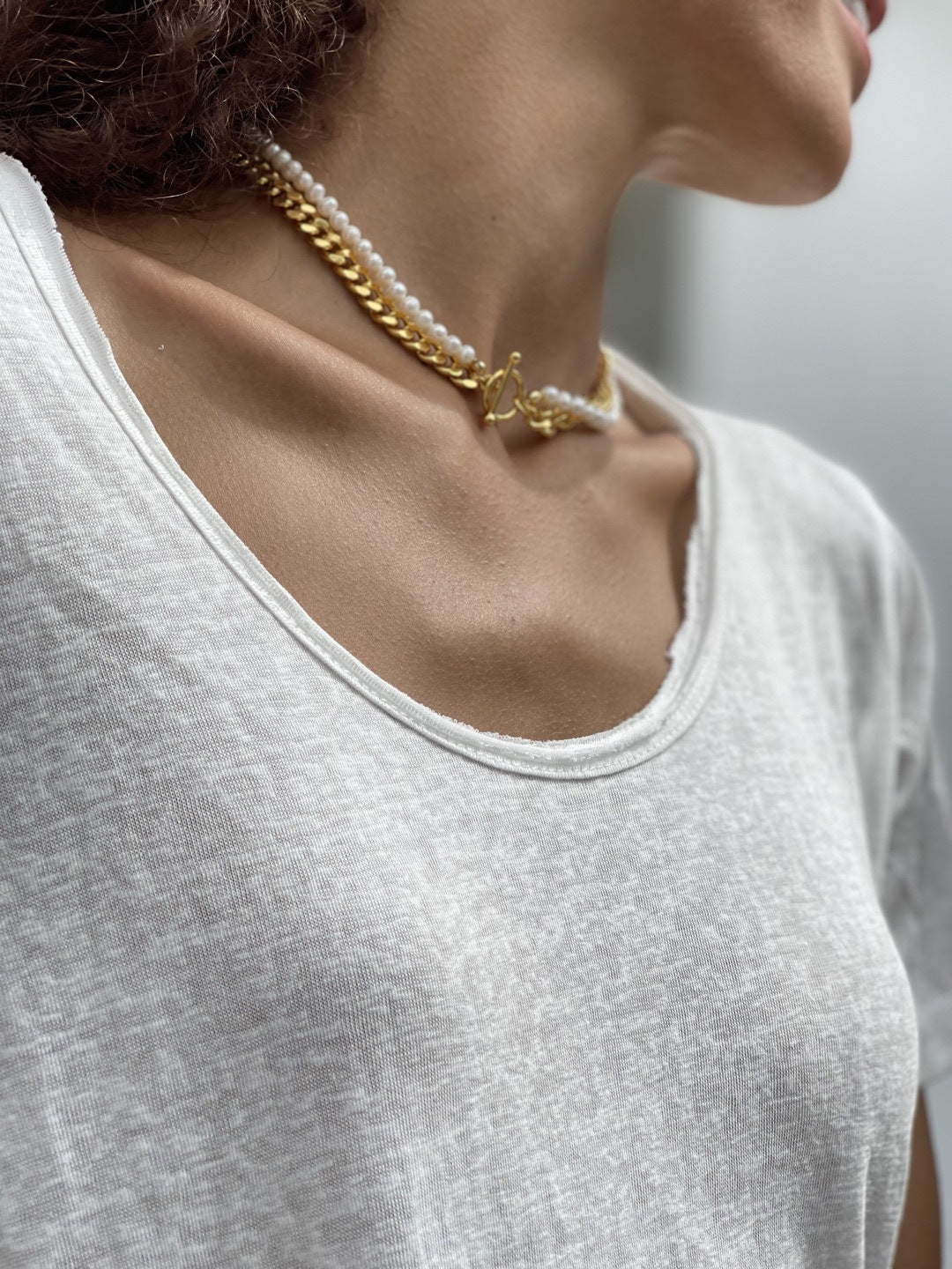 Double Layer Natural Freshwater Pearl Cuban Link Chain K Gold Plating Clavicle Chain