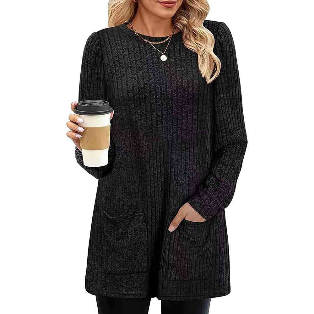 Autumn And Winter New Mid-length Round Neck Solid Color Long Shirt For Women