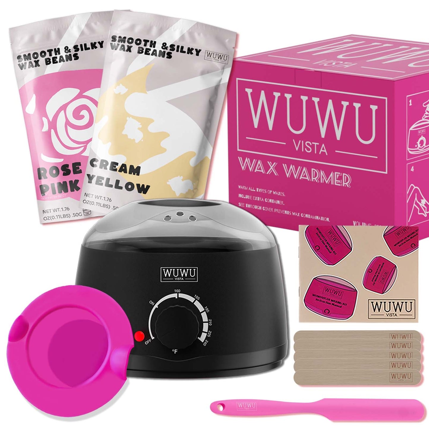 Waxing Kit 11 Items WUWUVISTA Hair Removal Wax Kit With Wax Melt Warmer Waxing Beads For Face,Brazilian,Full Body,Bikini,Sensitiive Skin Suitable For Plugs Of American, European Specification