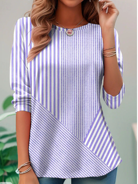 Cardigan V-neck Shirt Asymmetric Striped Stitching Cotton And Linen Top