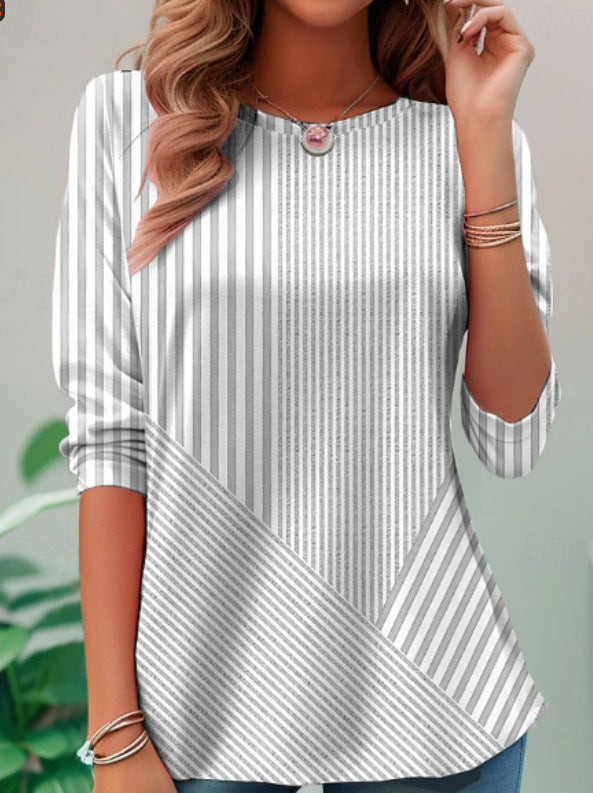 Cardigan V-neck Shirt Asymmetric Striped Stitching Cotton And Linen Top