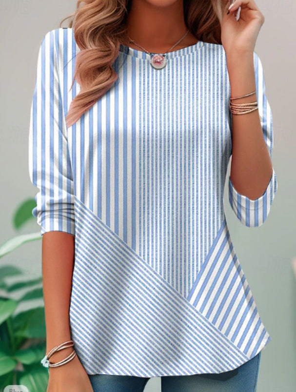 Cardigan V-neck Shirt Asymmetric Striped Stitching Cotton And Linen Top