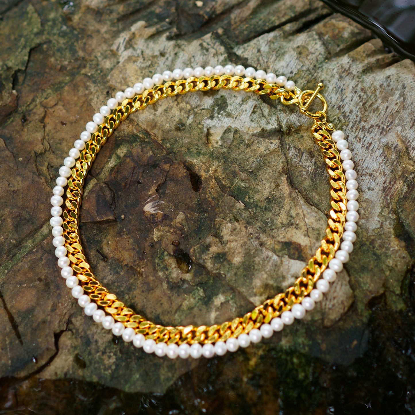 Double Layer Natural Freshwater Pearl Cuban Link Chain K Gold Plating Clavicle Chain