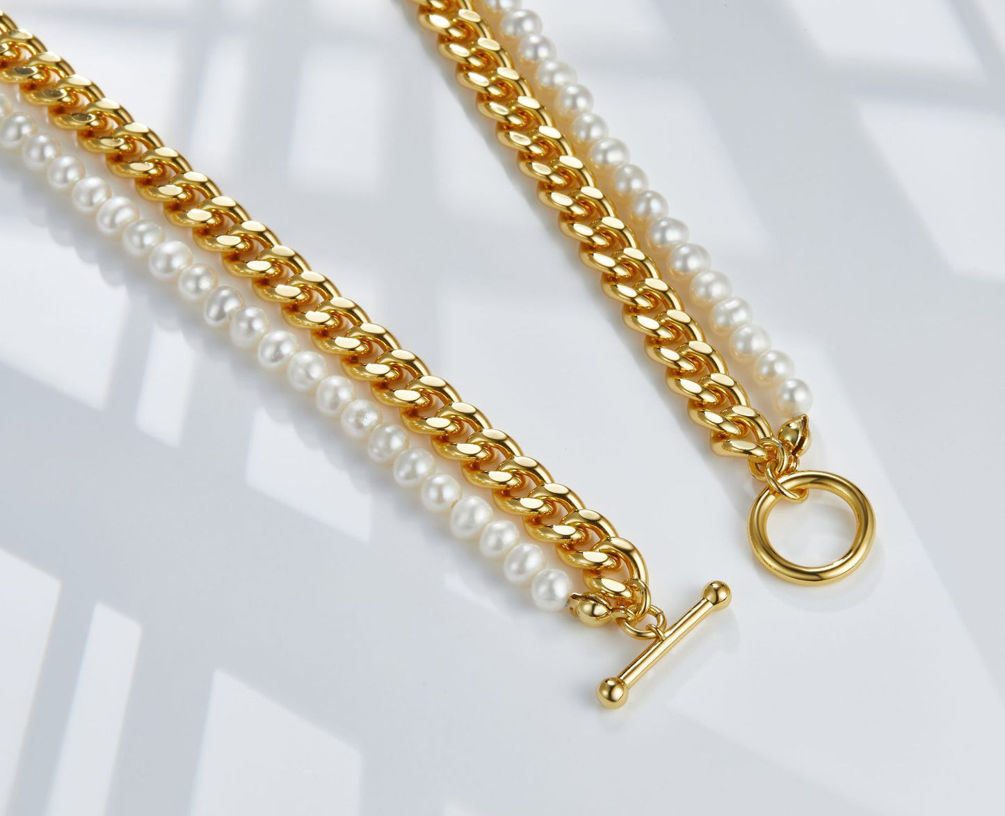 Double Layer Natural Freshwater Pearl Cuban Link Chain K Gold Plating Clavicle Chain